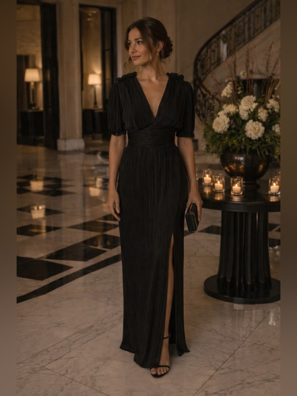 Rebecca Vallance Luna Black Maxi Dress XS Slit V Neck Evening Gown